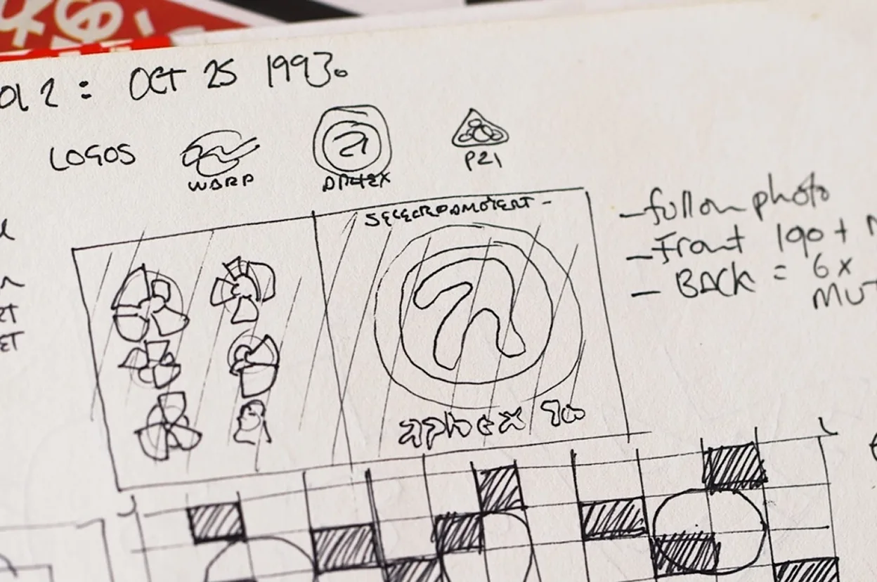 「OCT 25 1993」 날짜가 적힌 스케치북 쪽. 「LOGOS」 옆에 WARP·APHEX 로고, 아래에 원 속 Aphex Twin 로고를 넣은 음반 표지 구성 스케치, 오른쪽에 「follow photo」 「Front」 「BACK」 메모