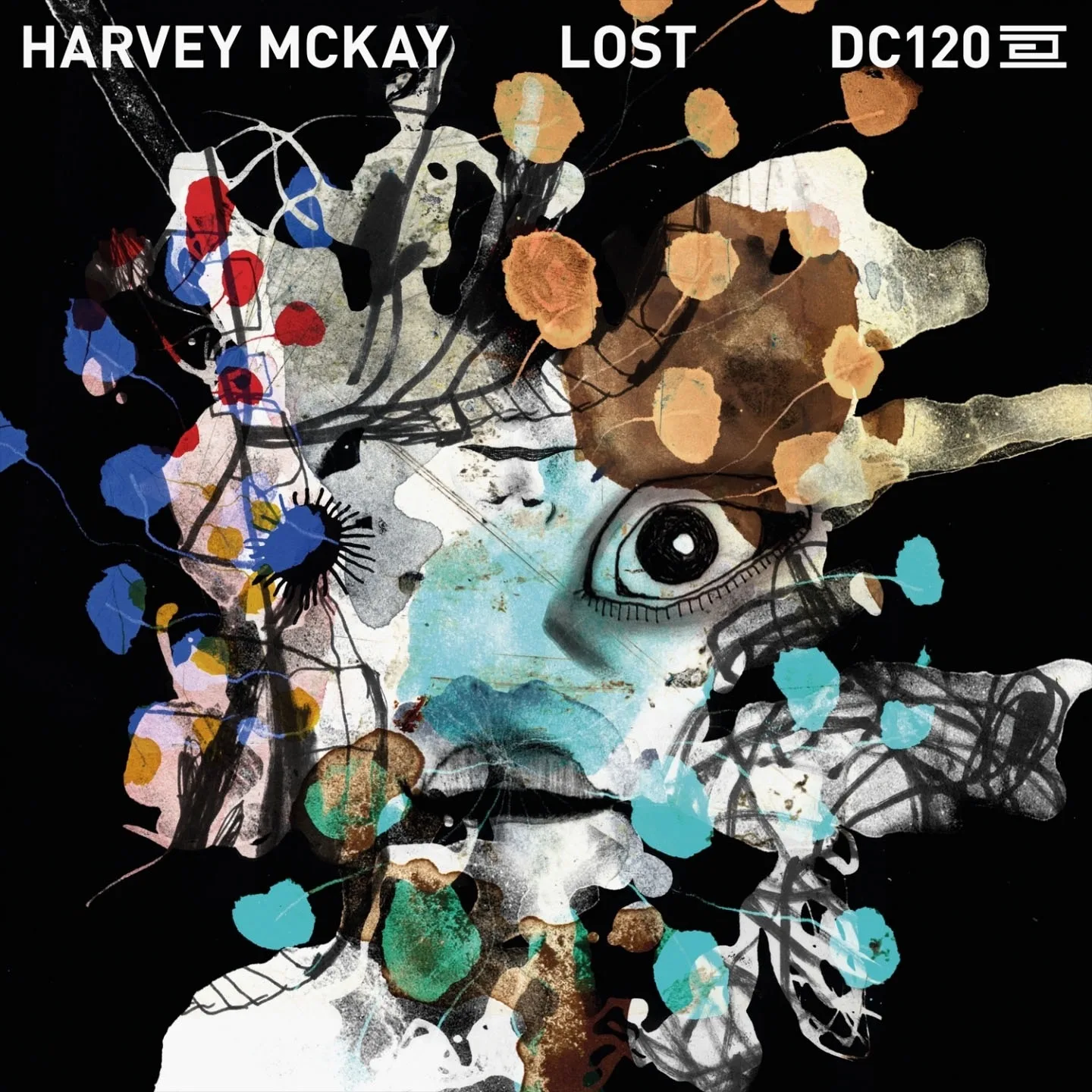 「HARVEY MCKAY LOST DC120」 앨범 표지. 검은 바탕에 물감 얼룩과 콜라주로 흩어진 얼굴, 가운데 크게 뜬 눈