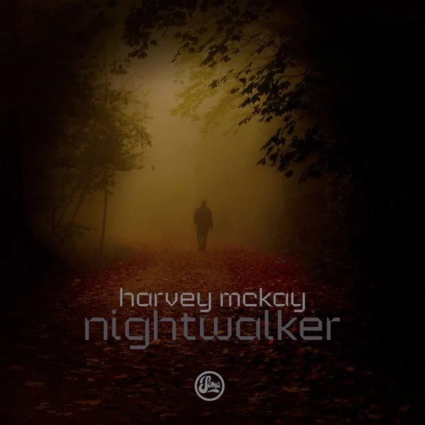 「harvey mckay nightwalker」 앨범 표지. 안개 낀 갈색 숲길 저편을 걸어가는 사람의 실루엣