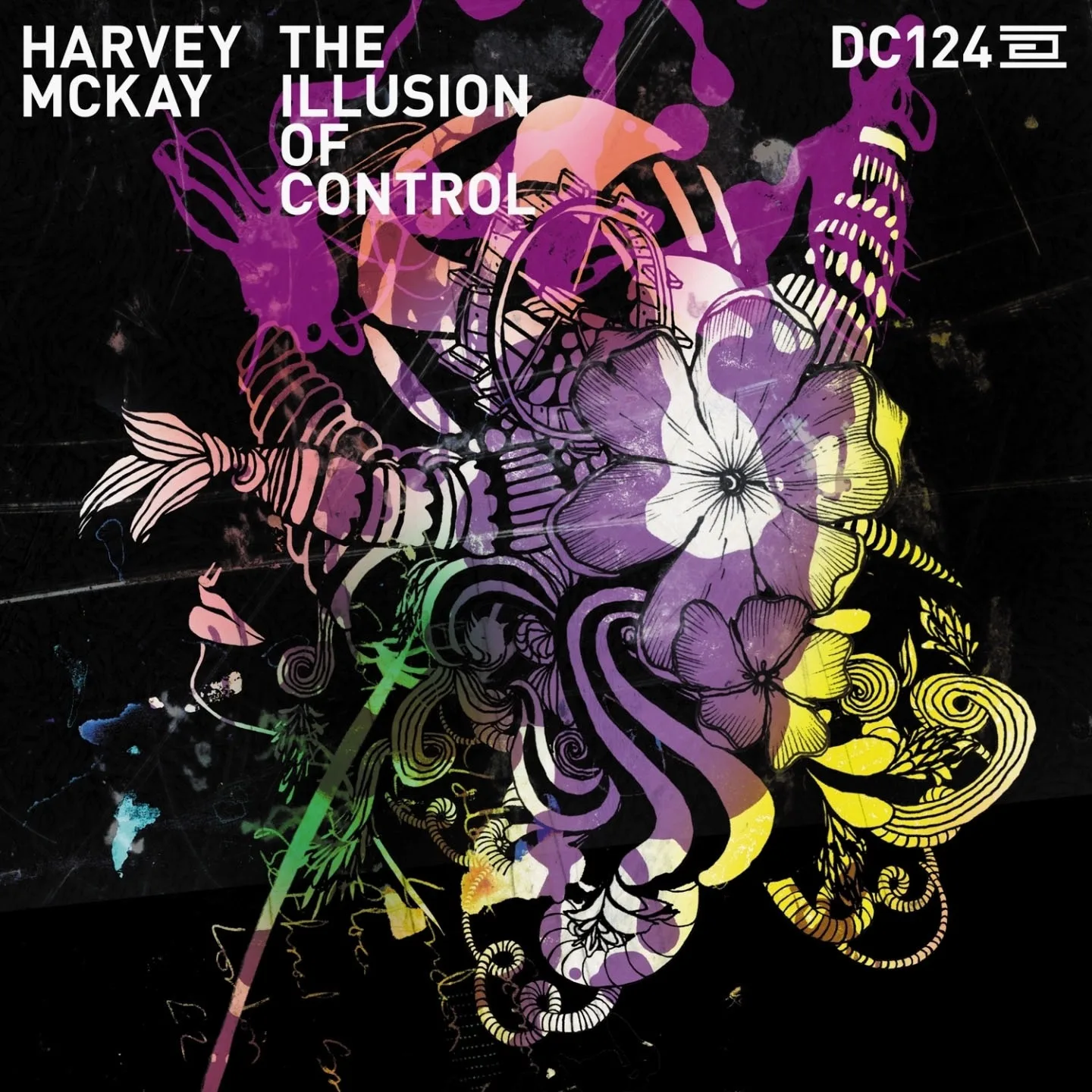 「HARVEY MCKAY THE ILLUSION OF CONTROL DC124」 앨범 표지. 검은 바탕에 보라와 노랑 꽃, 덩굴과 깃털이 얽힌 그림
