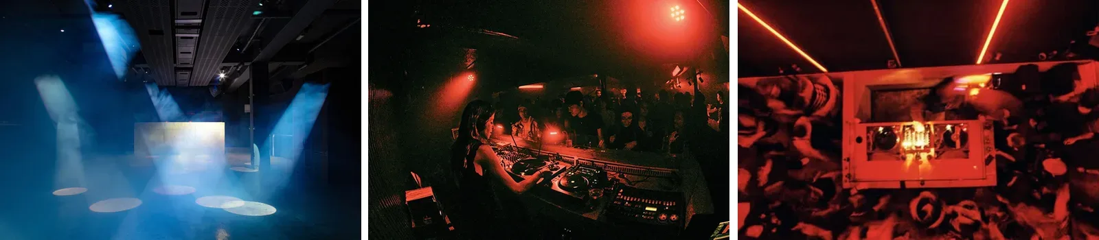 세 클럽의 플로어 사진 세 장. 푸른 조명이 안개를 가르는 빈 홀, 붉은 조명 아래 DJ 부스와 그 앞에 모인 사람들, 위에서 내려다본 붉은 플로어의 인파