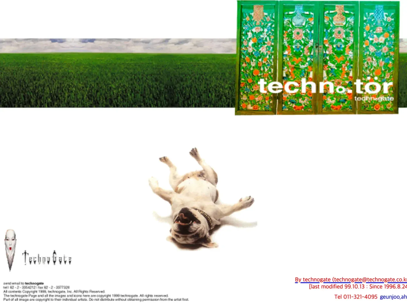techno.tor 시절 technogate 첫 화면(1999). 위쪽에 넓은 풀밭 사진과 한국 전통 꽃문양이 그려진 초록 문짝 넉 장, 그 위에 흰 글씨 「techno.tör」와 작게 「technogate」. 가운데 등을 대고 뒤집혀 누운 강아지 사진, 왼쪽 아래 흰 얼굴 그림의 「TechnoGate」 로고와 「All contents Copyright 1999, technogate, Inc. All Rights Reserved」 저작권 문구, 오른쪽 아래 빨간 글씨로 「By technogate (technogate@technogate.co.kr)」 「last modified 99.10.13 : Since 1996.8.24」