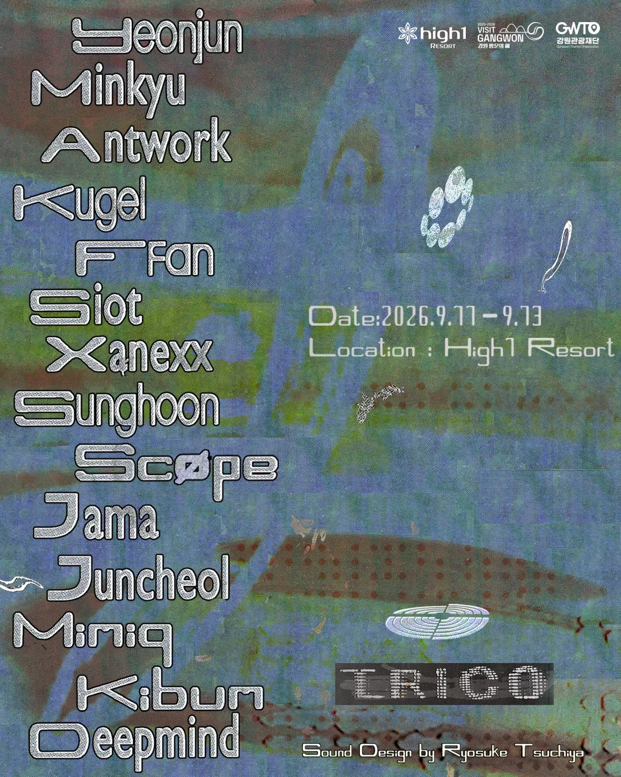 라인업 포스터 — Yeonjun, Minkyu, Antwork, Kugel, FFan, Siot, Xanexx, Sunghoon, Scøpe, Jama, Juncheol, Mimiq, Kibum, Deepmind. Date 2026.9.11–9.13, Location High1 Resort. Sound Design by Ryosuke Tsuchiya