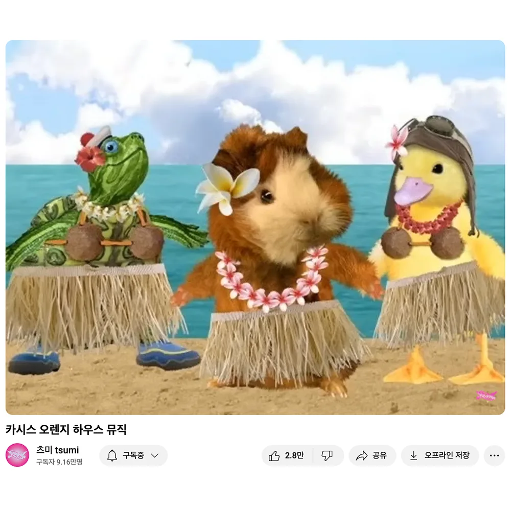 츠미 유튜브 믹스 「카시스 오렌지 하우스 뮤직」 화면 캡처. 해변에서 훌라 치마를 입은 거북이·기니피그·오리